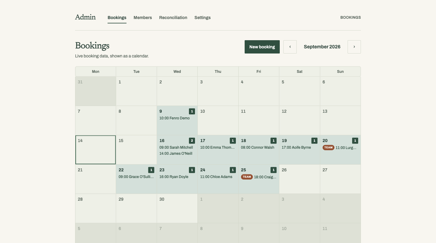 The Recovery Club's staff booking calendar, showing a booking created directly by staff.