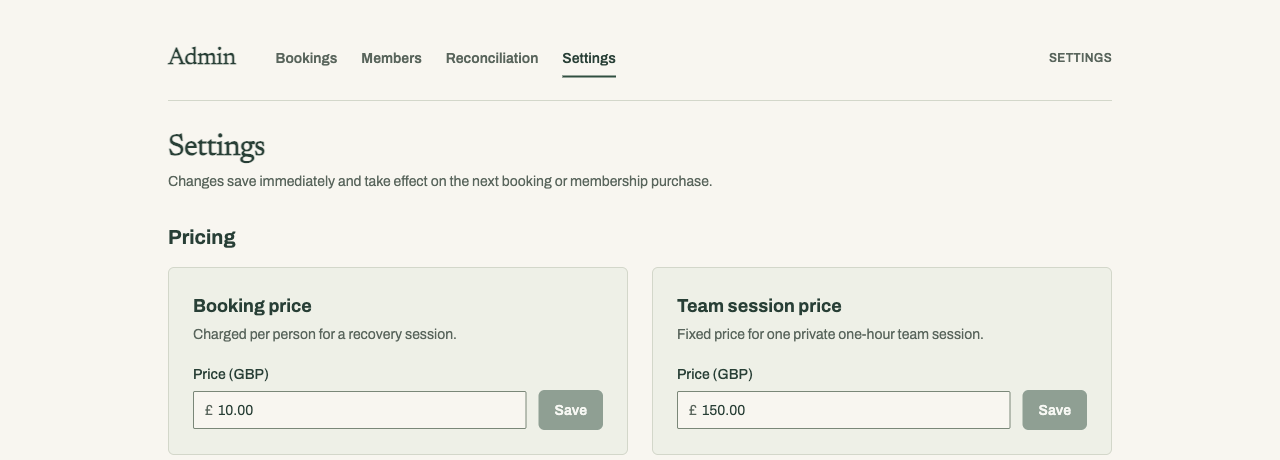 The Recovery Club's admin settings screen, showing editable session, team-session and membership prices.